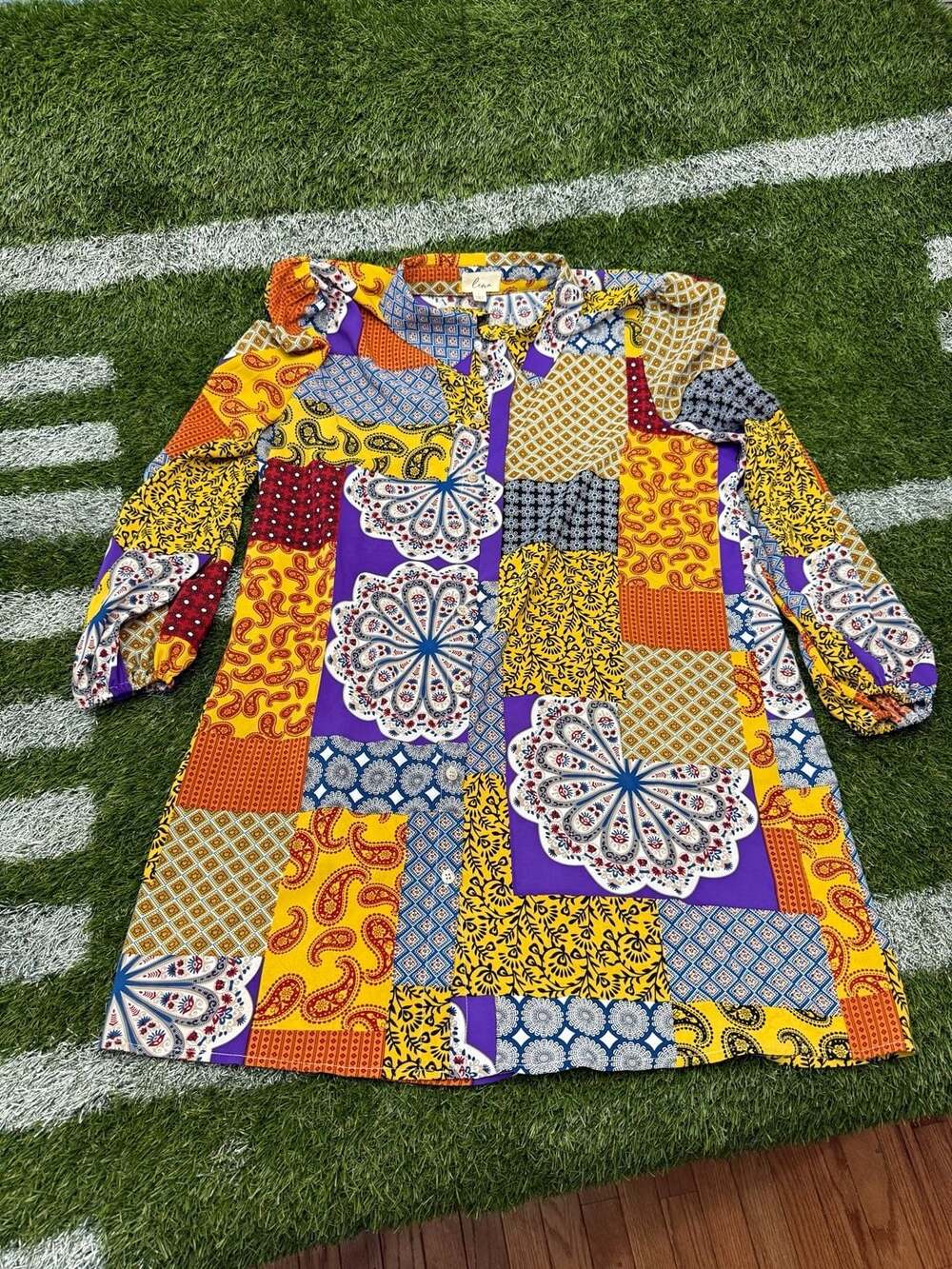 Lena Multicolored Patchwork Print Long Sleeve Button Down Blouse Shirt